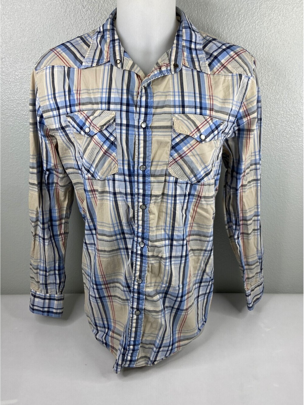 Old Navy Men XL Pearl Snap Shirt Beige Blue Western Rodeo Cowboy